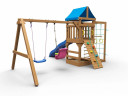 Детская площадка KD1-1 с голубой горкой и крышей, 1 качели лодочка + 1 качели кубельковые